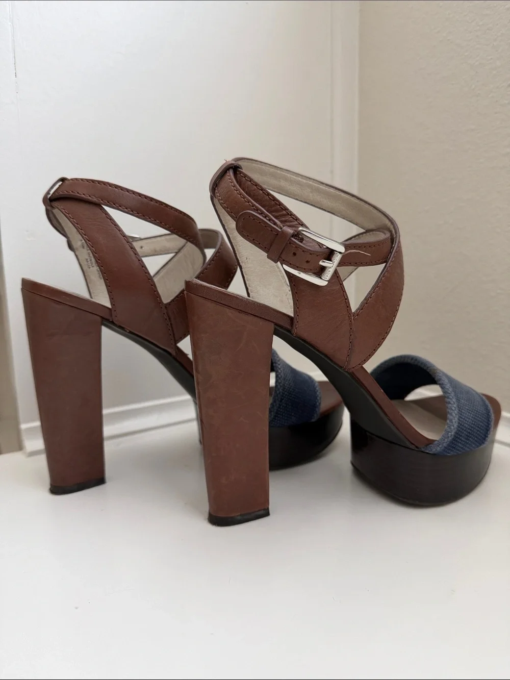 Michael Kora Brown Leather and Navy Platform Block Heel Sandals